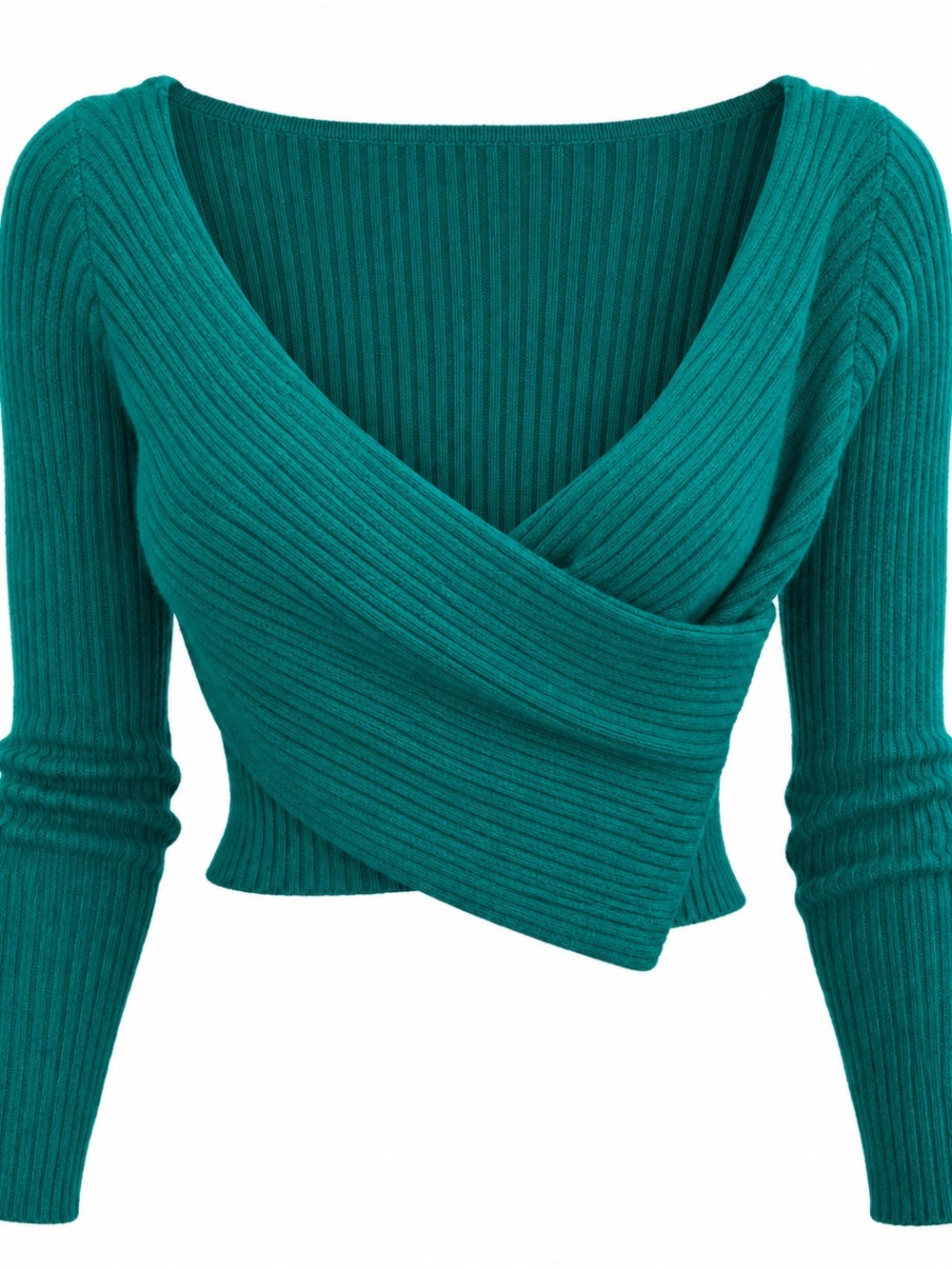 Sweet Rain Teal Ribbed Wrap V-Neck Sweater